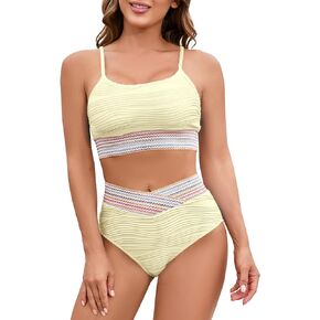 Saodimallsu Womens 2 Piece Bikini Sets Color Block Tummy Control Swimsuits High Waisted Adjustable Straps Bathing Suits