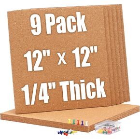 SUNGIFT Cork Board 12"x12" -12 Pack Bulletin Boards 1/4" Thick Square Decorative Cork Tiles with 100 PCS Push Pins Double-Sided Adhesive Corkboards Tiles for Wall Office