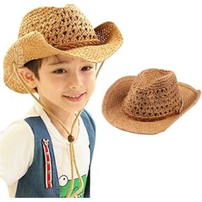 Kids Straw Cowboy Hat Wide Brim Sun Hat Shapeable Western Style Country Cowgirl Summer Panama Hat Sombrero UPF 50+ Beach Hat