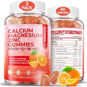 Sugar Free Calcium Magnesium Zinc Supplement Gummies with Vitamin D3 & B12 for Women and Men High Absorption Calcium Magnesium Supplement for Bone & Teeth Strength, Muscle & Immune (120 Counts)