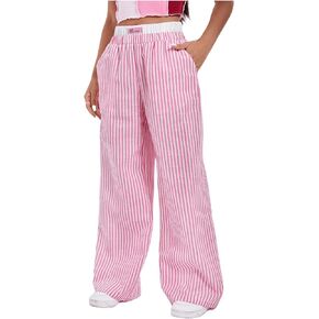 Verdusa Women's Striped Elastic High Waist Loose Wide Leg Pants with Pockets