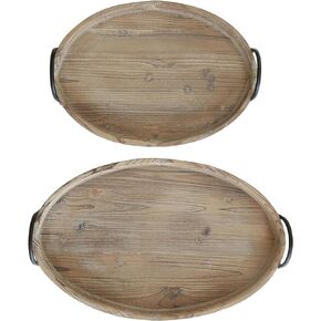 Round Decorative Wood Trays with Metal Handles (Set of 2 Sizes)