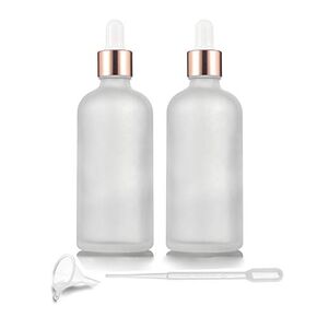 2 Pack 100ml/3.4 Oz,White Frosted Glass Dropper Bottle for Essential Oils,Empty Glass Liquid Holder With Pure Eye Dropper,Rose-Golden Caps Travel Perfume Cosmetic Container-Pipette&Funnel Included