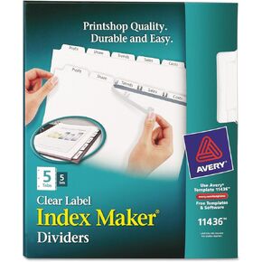 Avery 11436 Print/Apply Clear Label Dividers, 5-Tab, 8.5 x 11, White, 5 Sets/PK