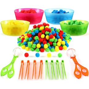 138 Pieces Fine Motor Skills Toys for Early Education and Sorting Counting Training Development, for Ages Over 3 Including 8 Sorting Bowls 2 Scissors Clip 8 Tweezers and 120 Colorful Plush Balls
