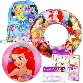 Disney Princess Pool Toys Set for Girls - Princess Gift Bundle with Inflatable Swim Ring, Goggles, Beach Ball, Bag, Sunglasses, Stickers and More | Princess Beach Toys