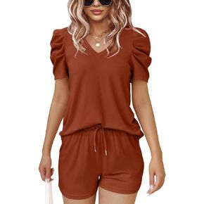 Onedreamer Women's Summer 2 Piece Outfits Casual Puff Short Sleeve V Neck Tops and Drawstring Shorts Lounge Set