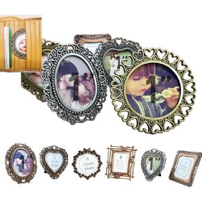 6 Pcs One-Inch Vintage Picture Frame, Tiny Metal Photo Frames, 1"x1" Antique Mini Picture Frame, Wallet Picture Frame (Random Colors Random Shapes)