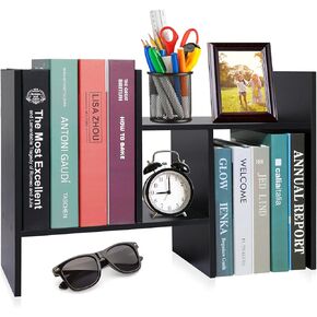 Hossejoy Desktop Organizer Office Storage Rack Adjustable Wood Desk Organizer Display Shelf, Countertop Bookcase Desktop Bookshelf- Free Style Double H Display, Black