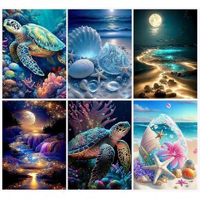 AREOPNMG 6pack Sea Turtle Beach Diamond Painting Kits for Adults Beginners,5D Moonlight Waterfall Landscape Diamond Art,DIY Full Round Drill Diamond Dot Gem Art Kits,Home Wall Decor 9.8x13.8 Inch