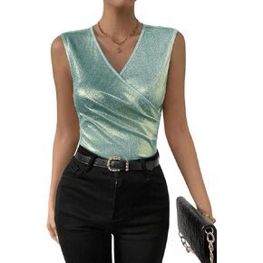 SweatyRocks Women's Metallic Wrap V Neck Tank Top Sleeveless Ruched Party Tank Tops