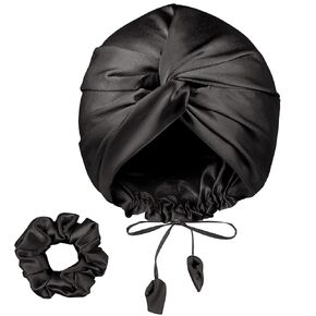 PARISBELLA Reversible Silky Satin Bonnet for Sleeping, Smooth As Silk Hair Wrap for Sleeping, Adjustable Satin Sleep Cap for Women, Stylish Turban for Curly Hair, Black, Pack of 1