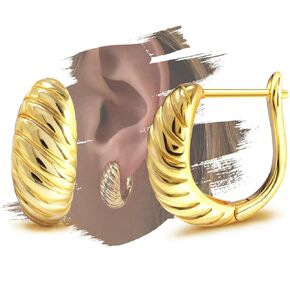 Chunky Twisted Hoop Earrings for Women Gold Plated Croissant Earrings Twist Huggie Hoop Earrings High Polished Lightweight Hypoallergenic Post Earrings Fashion Jewelry Teen Girls