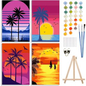 4 Pack Paint by Number Kit for Adults Framed Canvas, DIY Adult Paint by Number Kits with Easel, Acrylic Easy Paint by Numbers for Beginners, Sunset Beach Arts and Crafts for Home Decor 8x12inch