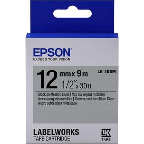 Epson LabelWorks Standard LK (Replaces LC) Tape Cartridge 1/2" Black on Metallic Silver (LK-4SBM) - for use with LabelWorks LW-300, LW-400, LW-600P and LW-700 Label Printers