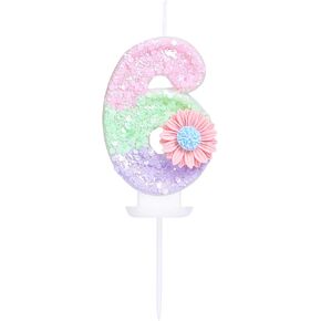 Number 1 Candle with 3D Pink Daisy and Sweet Pastel Color-Blocked Sequins 1 Birthday Candle for Anniversary or Girls 1-Year-Old Happy 1st Macaron Birthday Party Cake Decorations