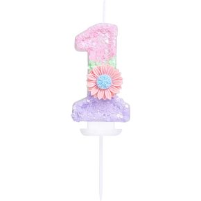 Number 1 Candle with 3D Pink Daisy and Sweet Pastel Color-Blocked Sequins 1 Birthday Candle for Anniversary or Girls 1-Year-Old Happy 1st Macaron Birthday Party Cake Decorations