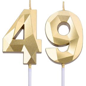 2 inch Gold 49 Birthday Candles, 3D Diamond Number 49th Cake Topper for Boys Girls Birthday Party Decorations Theme Party