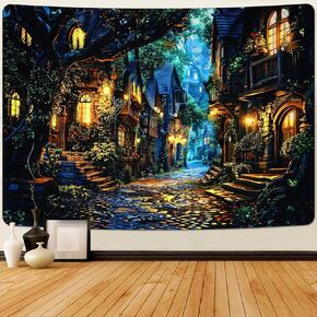 نسيج Invoibler العتيق، نسيج الشارع المريح، مشهد ليلي، نسيج دافئ، قلعة البيت القديم، نسيج شجرة الخيال، نسيج المناظر الطبيعية الرجعية (51.2 × 59.1 بوصة) in Kuwait