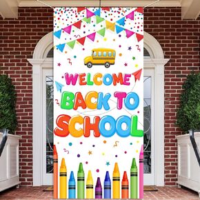 Whaline Welcome Back to School Banner Door Cover Cartoon First Day of School Hanging Banner Decoration Colorful Photo Background for Kids Student School Classroom Supplies with Rope, White