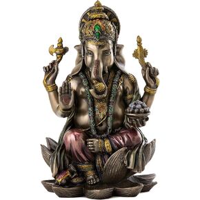 Top Collection Ganesh Statue Sitting on Lotus Pedestal - Lord of Success Sculpture in Premium Cold Cast Bronze with Colored Accents - 7.25-Inch Collectible Hindu God Ganesha Figurine