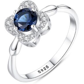 Sri Lankan Blue Sapphire & CZ Diamond Flower Women Ring 925 Sterling Silver Rhodium Plated Promise Engagement Zirconia Ring for Her Valentine's Day Size 5-10