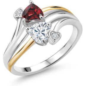 Gem Stone King 925 Sterling Silver and 10K Yellow Gold Red Garnet Moissanite and Lab Grown Diamond 2 Heart Promise Couple Mother Ring (1.12 Cttw, Available In Size 5, 6, 7, 8, 9)