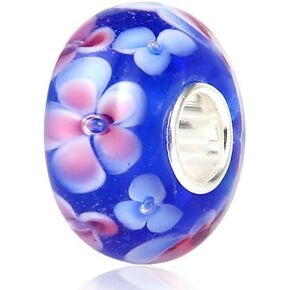 Pink Flower Blue Glass 925 Sterling Silver Core Glass Charms Beads fit Snake Chain Bracelet