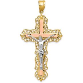 Diamond2Deal 14k Yellow Gold Tri-color Diamond-cut Crucifix Pendant Fine Jewelry for Women (L- 61 mm W- 31 mm)