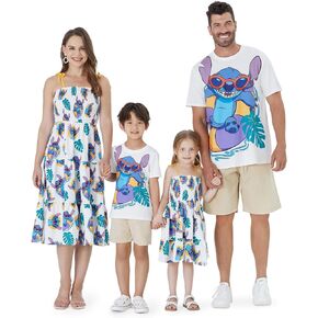 Disney Stitch Matching Family Outfits Mommy and Me Cami Dress Hawaiin Summer Casual Sundress and Botton Down Shirts Set Blue