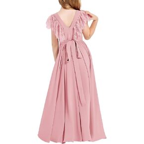 HOSIKA Flower Girls Dress Lace Cap Sleeve Back V-Neck Maxi Junior Bridesmaid Dresses for Wedding Party with Belt