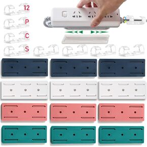 12PCS Power Strip Holder, Adhesive Punch-Free Socket Holder, Self Adhesive Socket Desktop Fixer, Cable Management Punch Free Surge Protector, Desktop Mobile Socket Holder Wall Mount and 12 Cable Clips