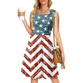Deerose 4th of July Dress for Women Sleeveless American Flag Patriotic Elastic High Waist Sundress
