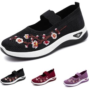 Women's Flower Embroidered Slip On Knitting Flat Loafers,Mary Jane Breathable Elastic Mesh Comfy Platform Non Slip Memory Foam Mom Walking Nurse Shoes Casual Walking Sneakers