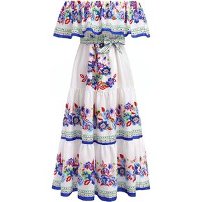 Women Mexican Floral Raditional Ethnic Cinco De Mayo Fiesta Long Maxi Dresses