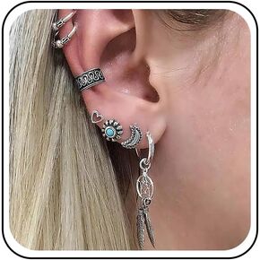 Bohemian Dreamcatcher Dangle Hoop Earrings Silver Flower Stud Earrings Leaf Drop Hoop Earrings Tiny Heart Earrings Tribal Cuff Earrings Crescent Moon Earrings Set Jewelry for Women and Girls