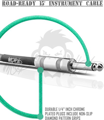 15-Foot Guitar Instrument Cable - 1/4 Inch TS to 1/4 Inch TS Pro Grade Double Insulated Tweed Braided for Electric Guitar, Bass, Amp, Keyboard (Green and White) in Saudi Arabia