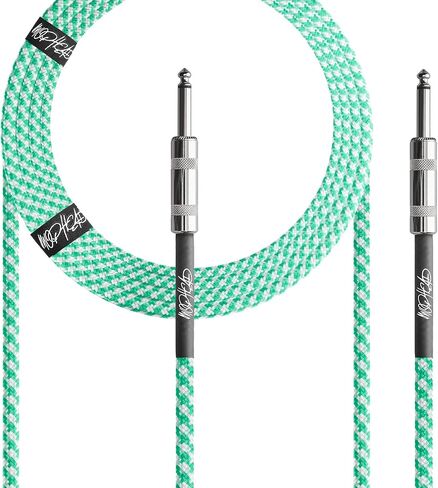 15-Foot Guitar Instrument Cable - 1/4 Inch TS to 1/4 Inch TS Pro Grade Double Insulated Tweed Braided for Electric Guitar, Bass, Amp, Keyboard (Green and White) in Saudi Arabia
