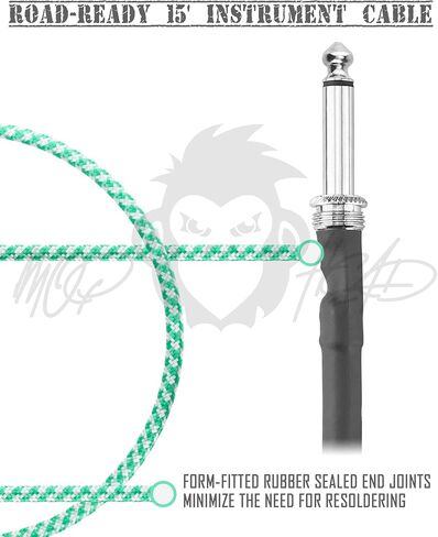 15-Foot Guitar Instrument Cable - 1/4 Inch TS to 1/4 Inch TS Pro Grade Double Insulated Tweed Braided for Electric Guitar, Bass, Amp, Keyboard (Green and White) in Saudi Arabia