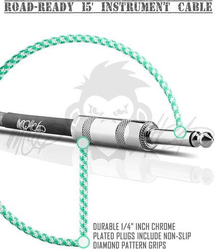 15-Foot Guitar Instrument Cable - 1/4 Inch TS to 1/4 Inch TS Pro Grade Double Insulated Tweed Braided for Electric Guitar, Bass, Amp, Keyboard (Green and White) in Saudi Arabia