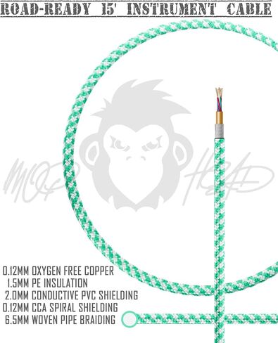 15-Foot Guitar Instrument Cable - 1/4 Inch TS to 1/4 Inch TS Pro Grade Double Insulated Tweed Braided for Electric Guitar, Bass, Amp, Keyboard (Green and White) in Saudi Arabia