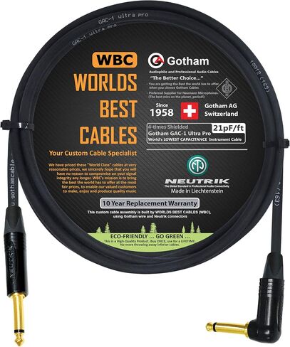 6 أقدام - Gotham GAC-1 Ultra Pro - كابل أداة جيتار باس ممتاز منخفض الغطاء (21 pf/F) - مع موصلات TS ذهبية نيوتريك مستقيمة بزاوية ¼ بوصة (6.35 مم) - مصنوع خصيصًا من أفضل الكابلات في العالم in Saudi Arabia