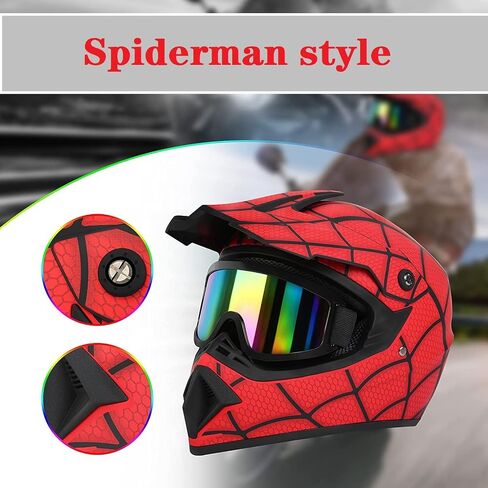 Dirt Bike Helmets Motocross Helmet Spiderman Style ATV Helmet with Goggles for Unisex Youth Kids DOT/FMVSS 218 Approved in Saudi Arabia