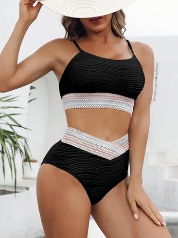 Saodimallsu Womens 2 Piece Bikini Sets Color Block Tummy Control Swimsuits High Waisted Adjustable Straps Bathing Suits in Saudi Arabia