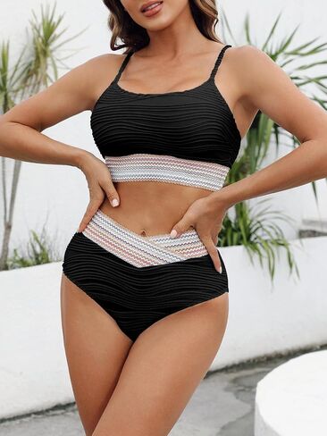 Saodimallsu Womens 2 Piece Bikini Sets Color Block Tummy Control Swimsuits High Waisted Adjustable Straps Bathing Suits in Saudi Arabia
