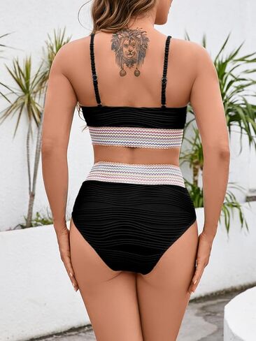 Saodimallsu Womens 2 Piece Bikini Sets Color Block Tummy Control Swimsuits High Waisted Adjustable Straps Bathing Suits in Saudi Arabia