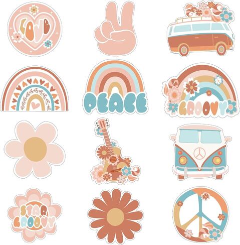48PCS Groovy Bulletin Board Decorations Hippie Bus Cutouts Boho Retro Hippie Wall Decals Peace Sign Daisy Flower Boho Rainbow Paper-Cuts for Nursery Elementary Middle School Classroom Decor in Saudi Arabia