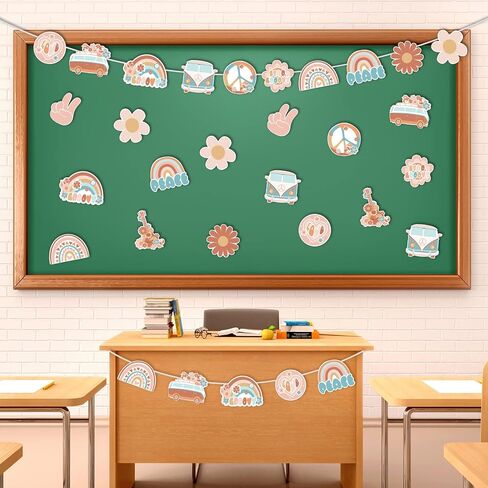 48PCS Groovy Bulletin Board Decorations Hippie Bus Cutouts Boho Retro Hippie Wall Decals Peace Sign Daisy Flower Boho Rainbow Paper-Cuts for Nursery Elementary Middle School Classroom Decor in Saudi Arabia