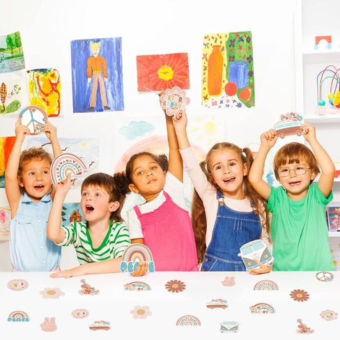 48PCS Groovy Bulletin Board Decorations Hippie Bus Cutouts Boho Retro Hippie Wall Decals Peace Sign Daisy Flower Boho Rainbow Paper-Cuts for Nursery Elementary Middle School Classroom Decor in Saudi Arabia