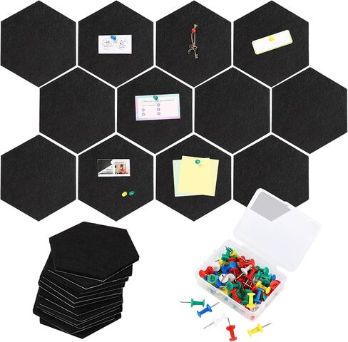 Ctosree 12 Pcs 5.9 x 7 Inch Felt Bulletin Board Tiles Hexagon Felt Pin Boards Cork Board Strip Self Adhesive Backing with 50 Push Pins for Pictures Photos Memos Office School Rv Decor (Black) in Saudi Arabia